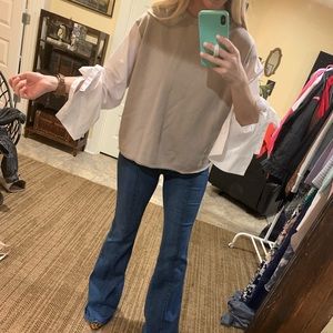 Cream Sweater with White Tie Up Blouse Sleeves